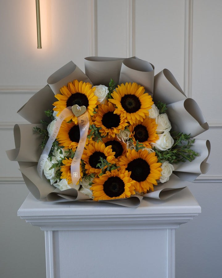 Sunflowers & White Roses Bouquet — Taupe Wrapping