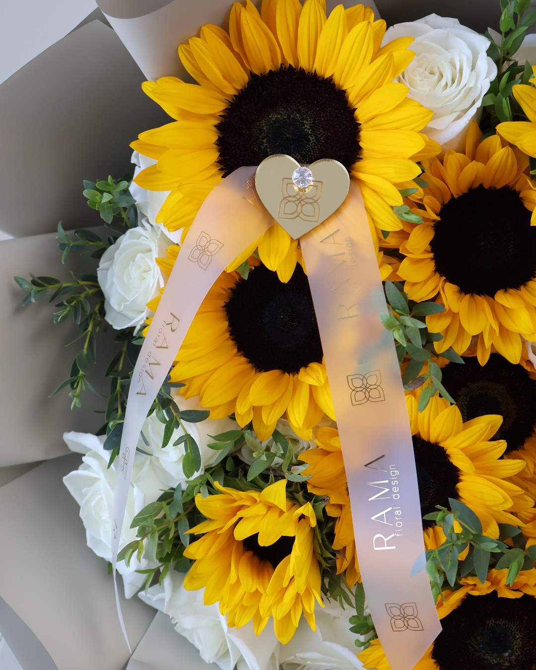 Sunflowers & White Roses Bouquet — Taupe Wrapping