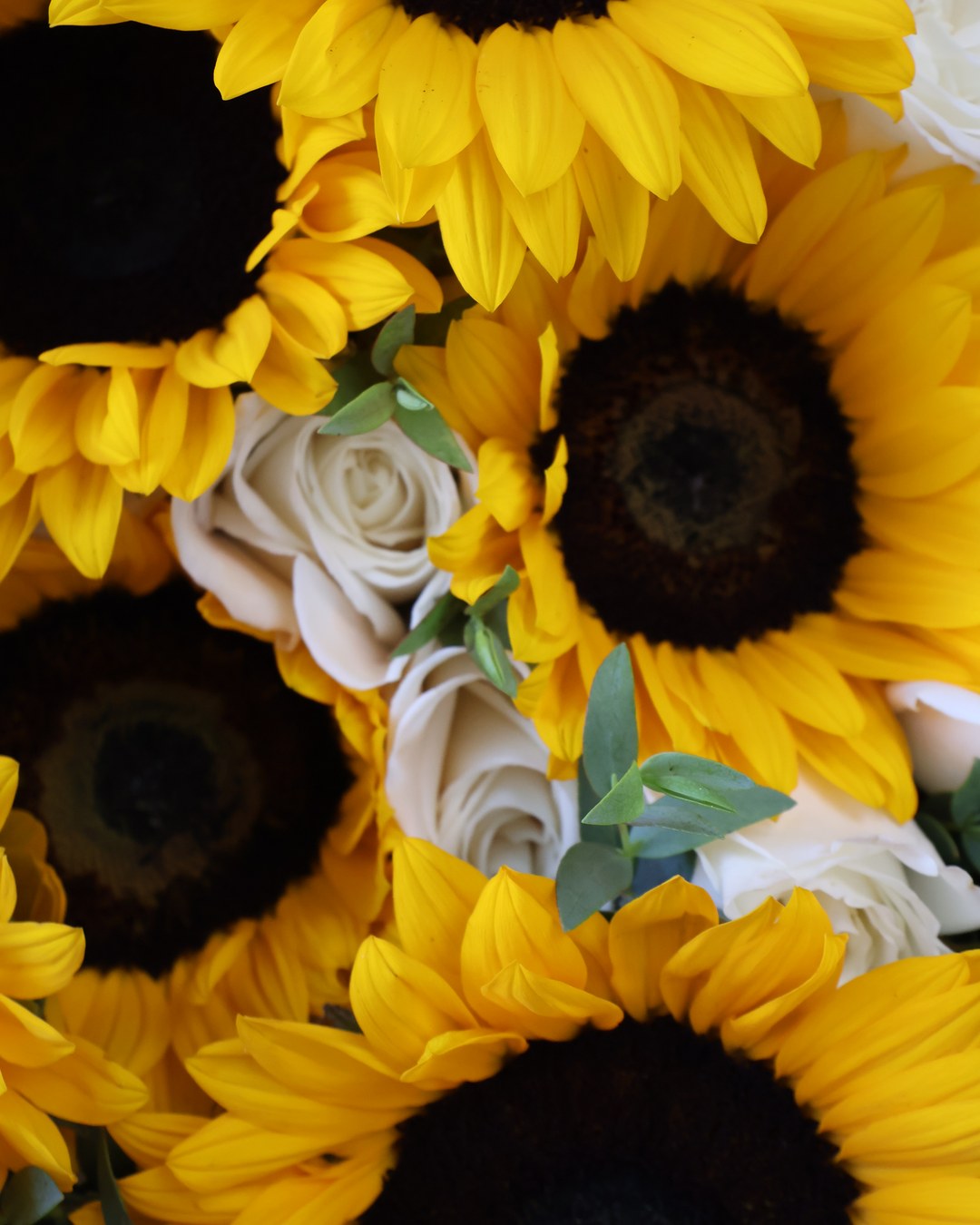 Sunflowers & White Roses Bouquet — Taupe Wrapping