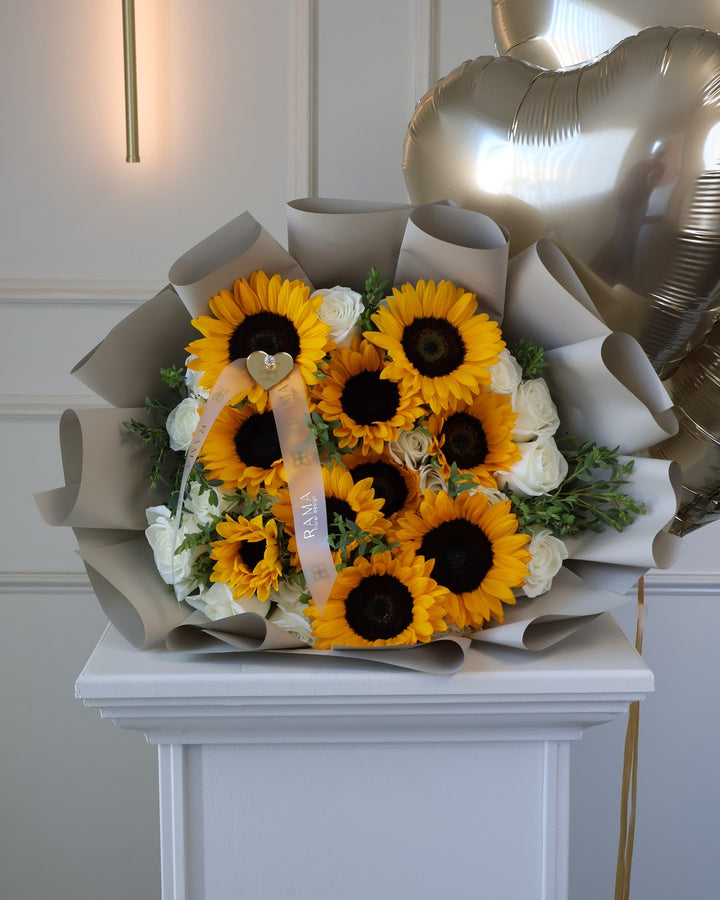 Sunflowers & White Roses Bouquet — Taupe Wrapping