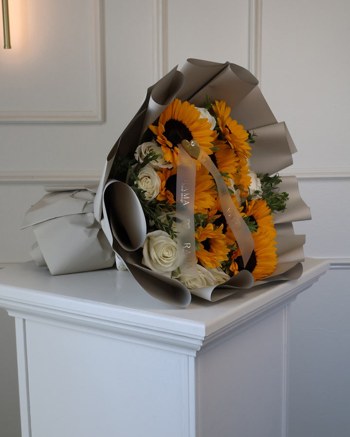 Sunflowers & White Roses Bouquet — Taupe Wrapping