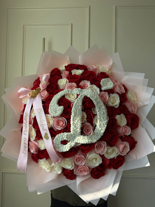 100 Multicolor Roses Bouquet with Initial & Banner – Pink Wrap | Rama ...