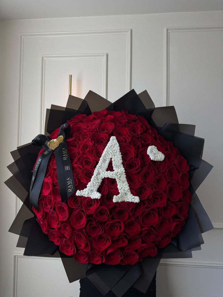 100 Red Roses Bouquet with Baby’s Breath Initial – Black Wrapping