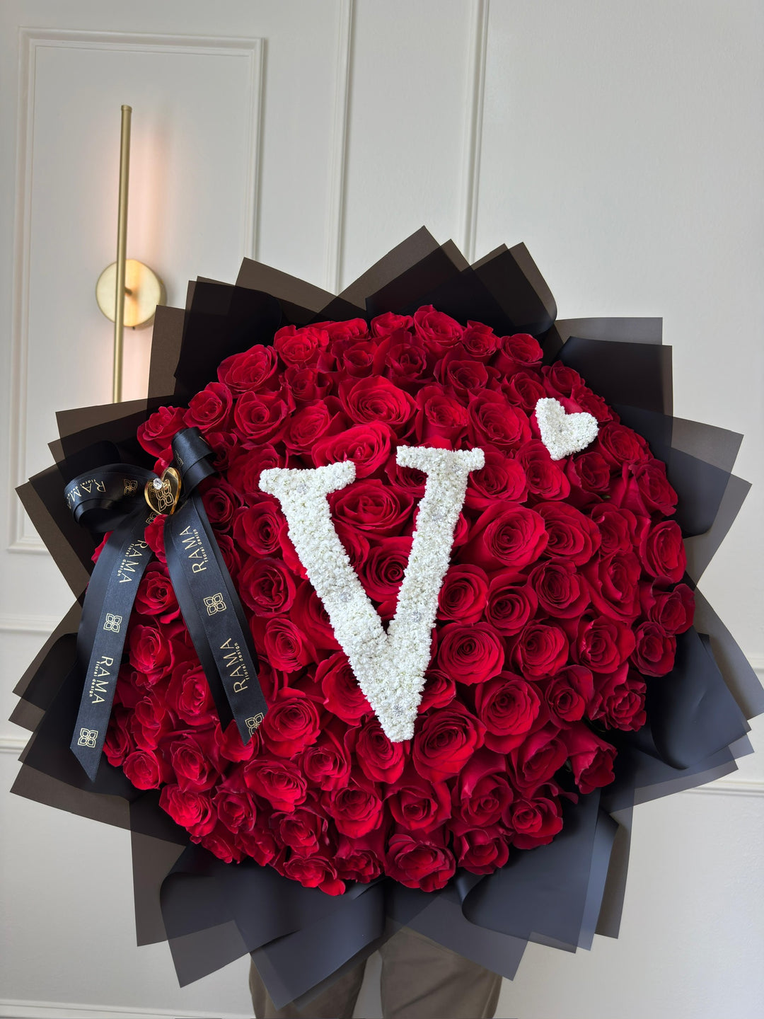 100 Red Roses Bouquet with Baby’s Breath Initial – Black Wrapping