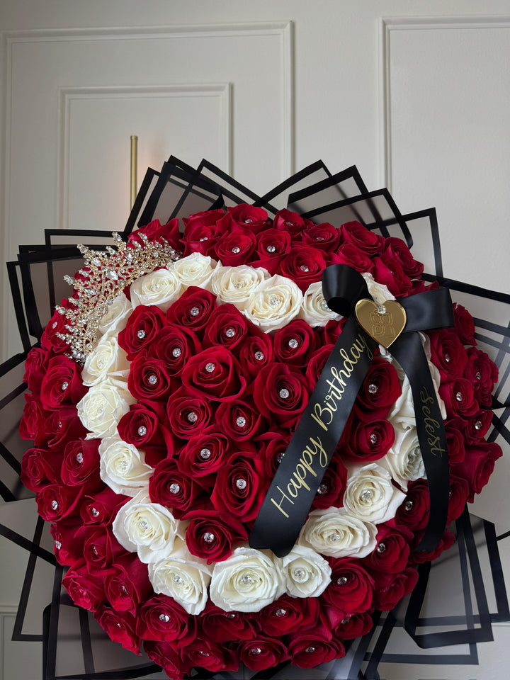 100 Red & White Roses Heart-Shaped Bouquet with Metal Crown, Rhinestones & Custom Banner