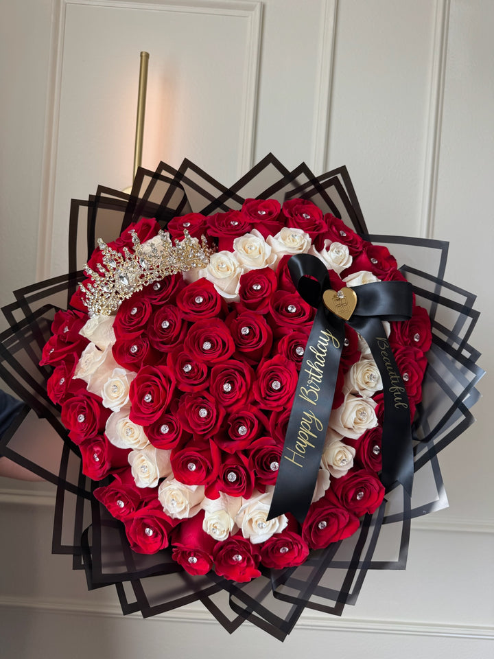 100 Red & White Roses Heart-Shaped Bouquet with Metal Crown, Rhinestones & Custom Banner