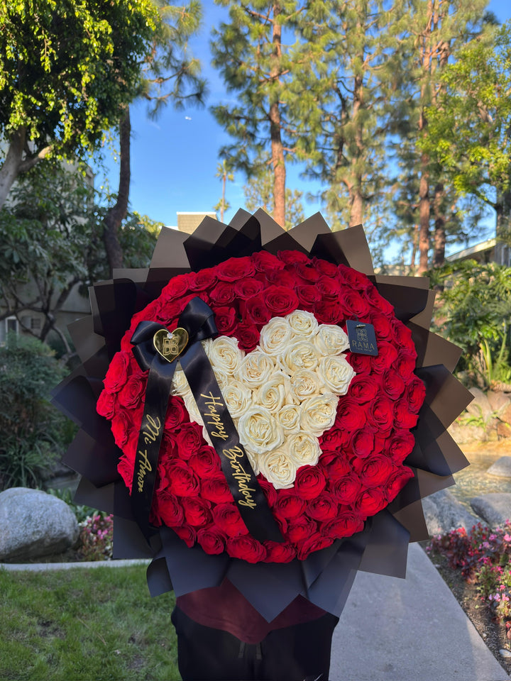 100 Red Roses Heart-Shaped Bouquet with Custom Banner – Black Wrapping