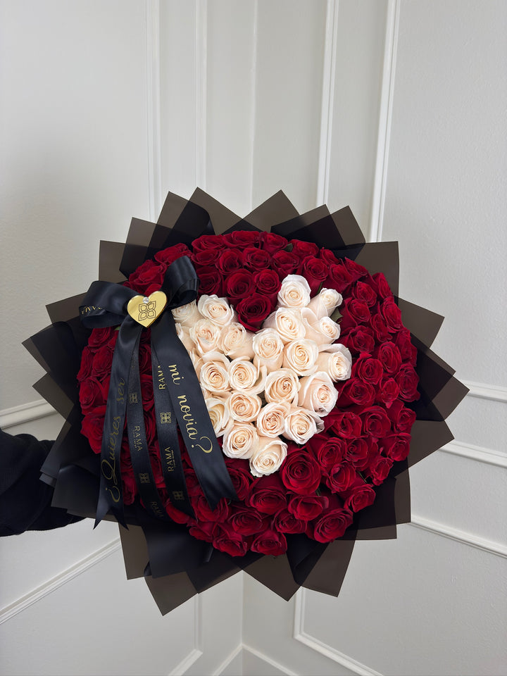 100 Red Roses Heart-Shaped Bouquet with Custom Banner – Black Wrapping