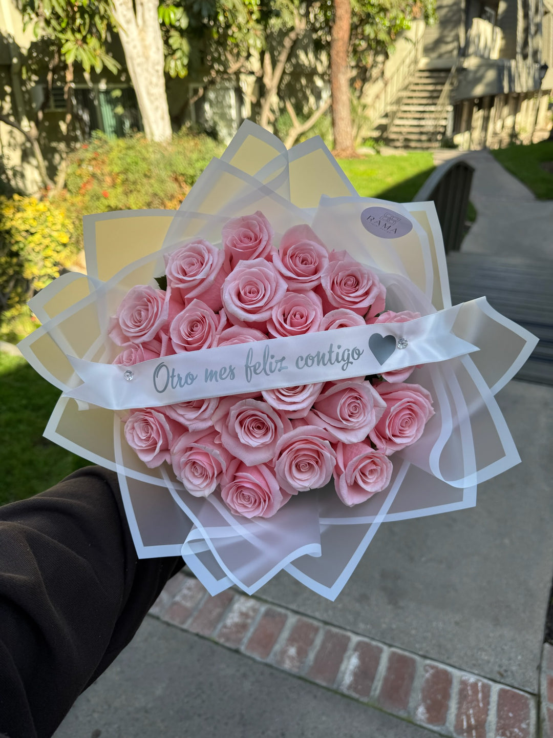 Custom Pink Roses 25 Pink Roses Bouquet with Custom Banner | Rama Floral Design