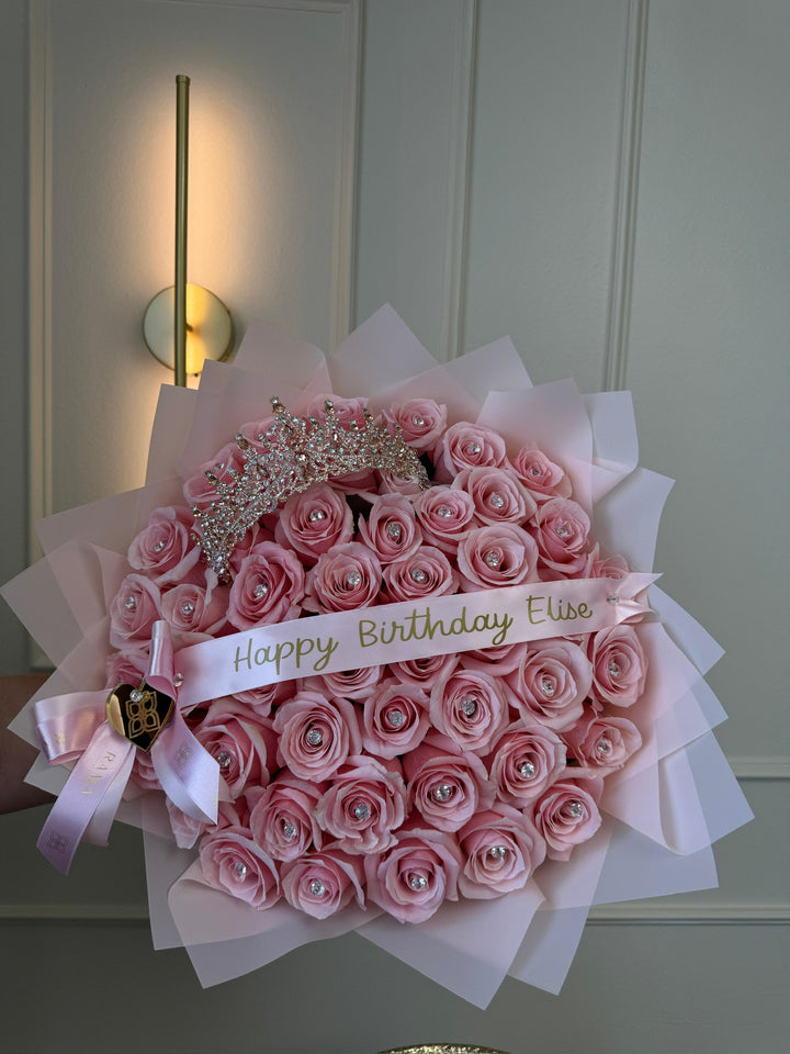 50 Pink Roses Bouquet with Crown, Rhinestones & Custom Banner
