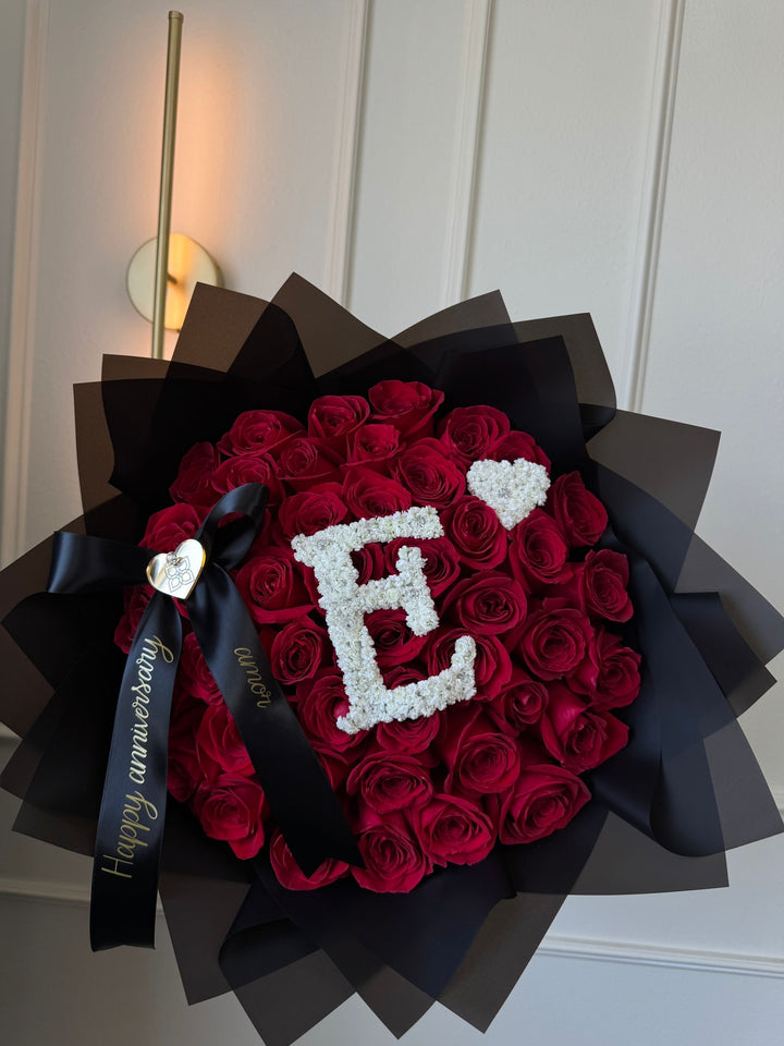 50 Red Roses Bouquet with Baby’s Breath Initial & Custom Banner – Black Wrapping