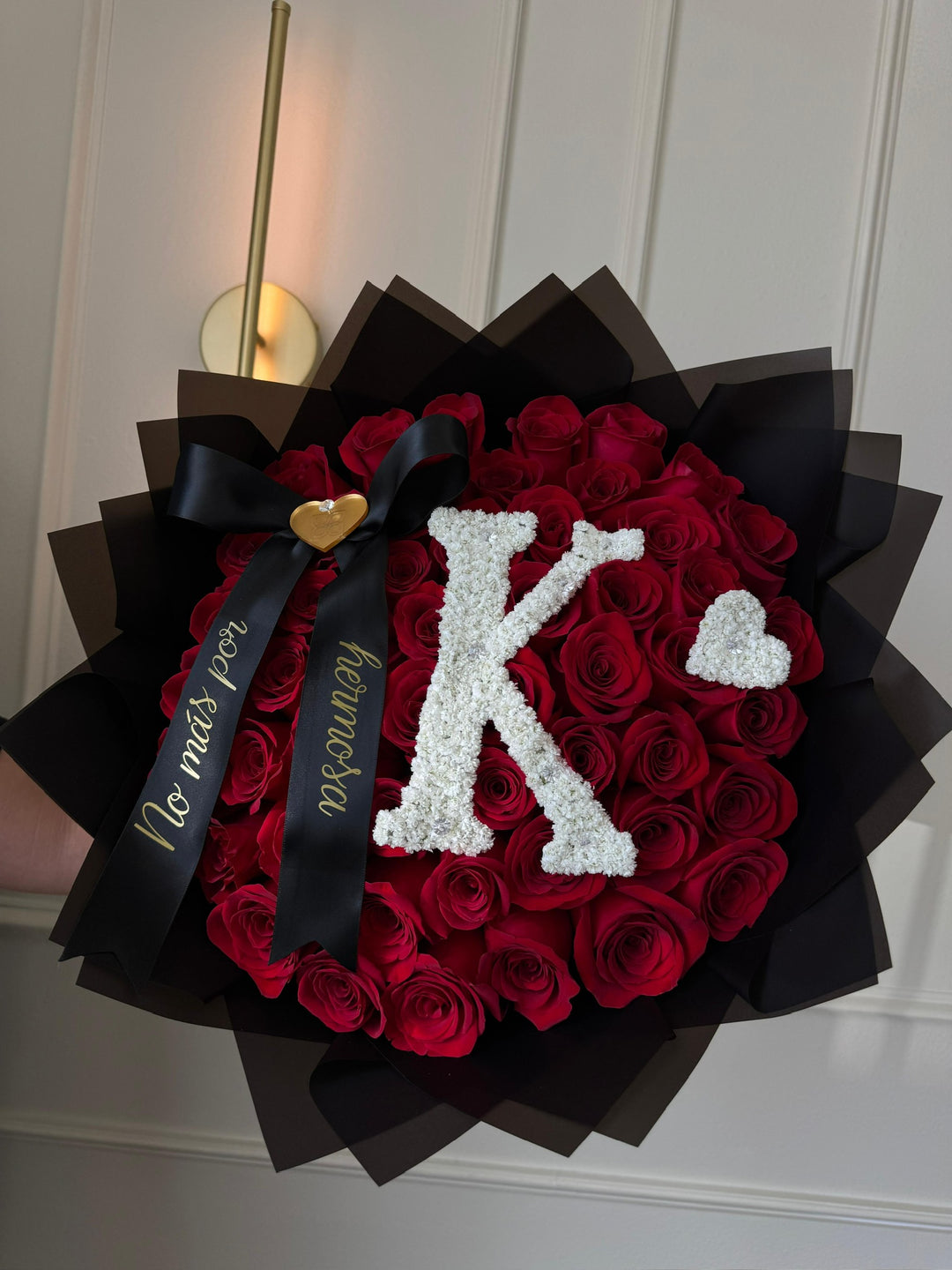 50 Red Roses Bouquet with Baby’s Breath Initial & Custom Banner – Black Wrapping