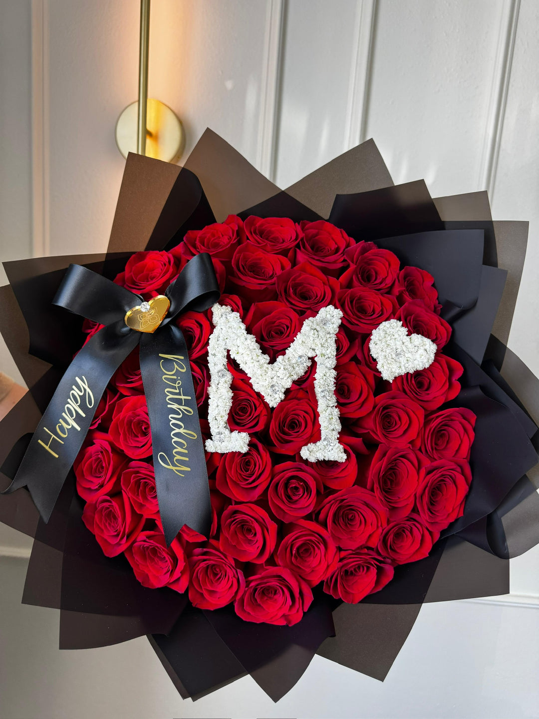 50 Red Roses Bouquet with Baby’s Breath Initial & Custom Banner – Black Wrapping