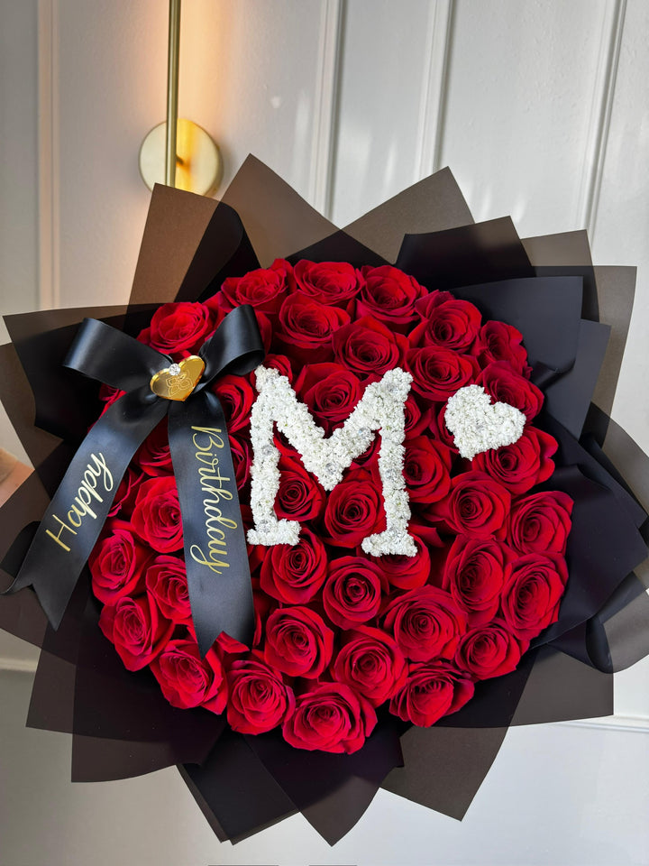 50 Red Roses Bouquet with Baby’s Breath Initial & Custom Banner – Black Wrapping
