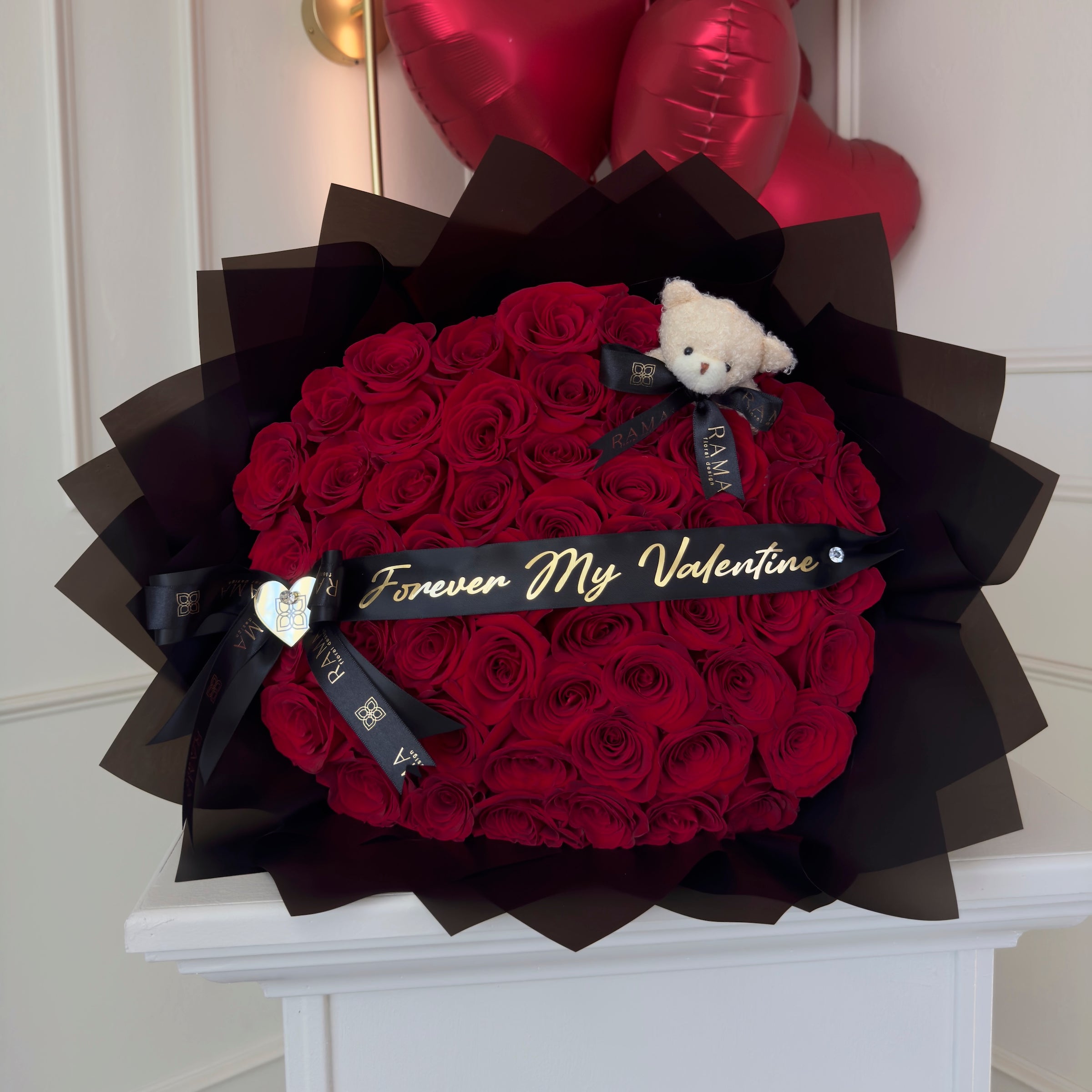 50 Red Roses – Circular Bouquet with Custom Banner – Valentine’s Day | Rama Floral Design