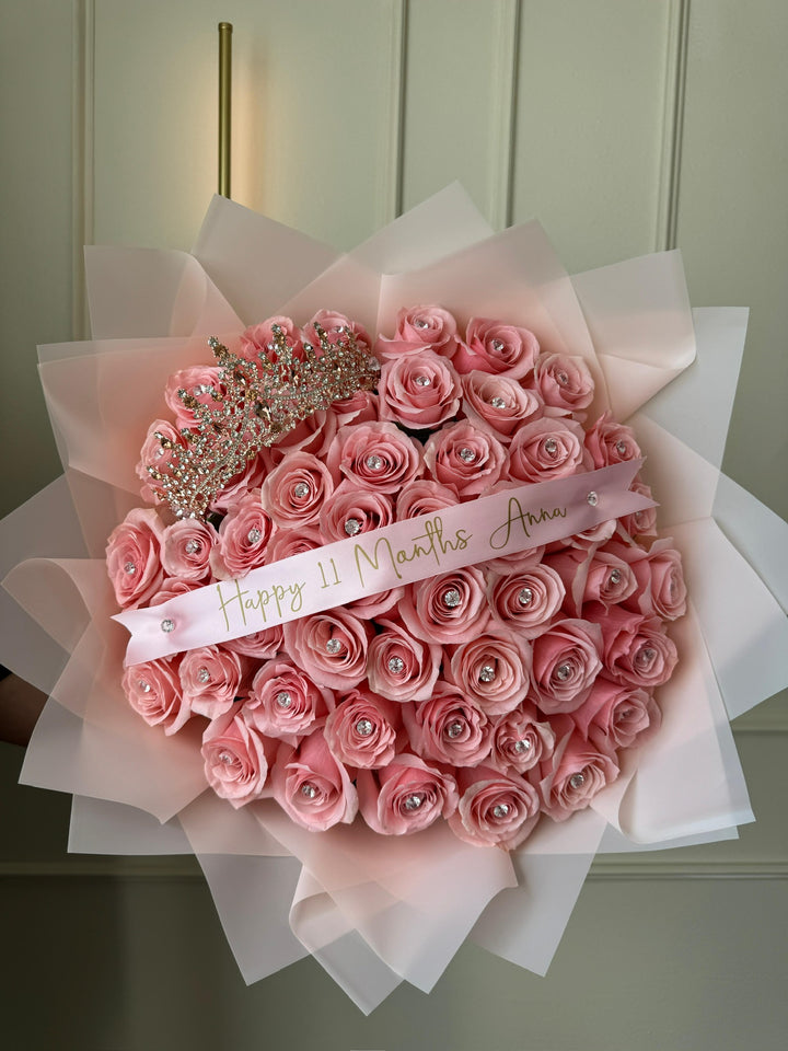 50 Pink Roses Bouquet with Crown, Rhinestones & Custom Banner