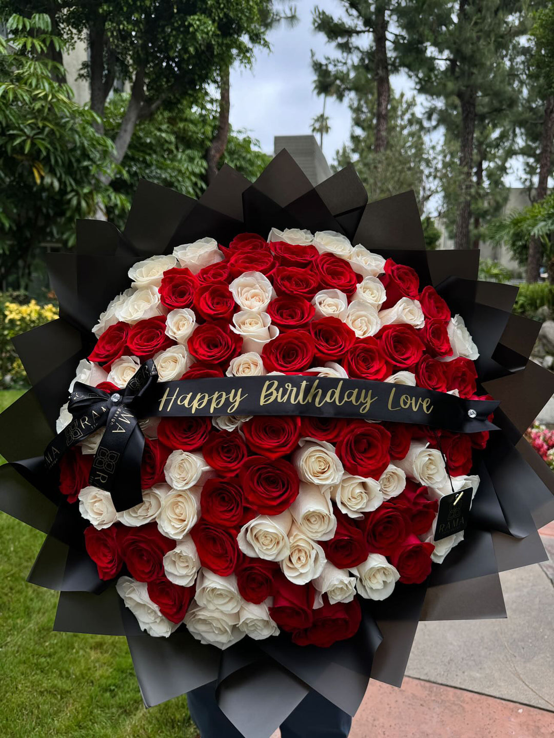100 Red & White Roses Bouquet with Custom Banner