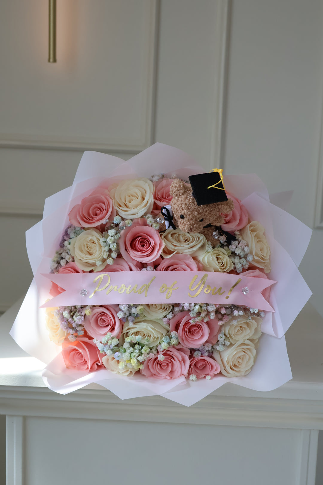 25 Mixed Pink & White Roses with Baby's Breath, Custom Banner & Teddy