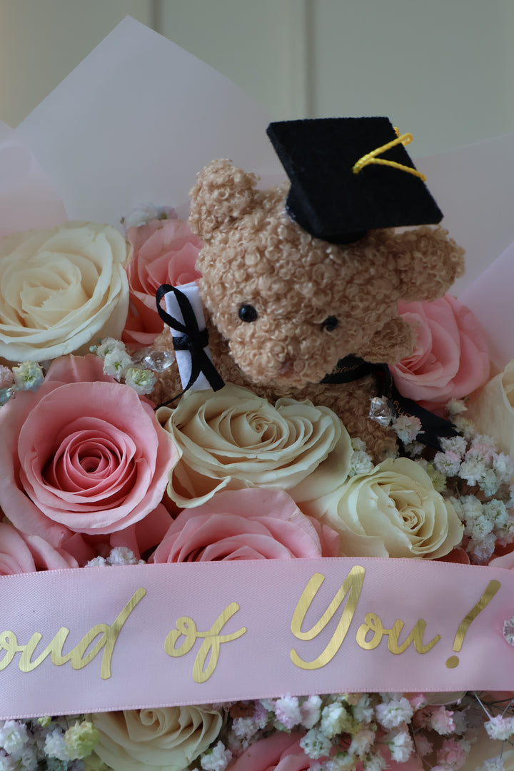 25 Mixed Pink & White Roses with Baby's Breath, Custom Banner & Teddy