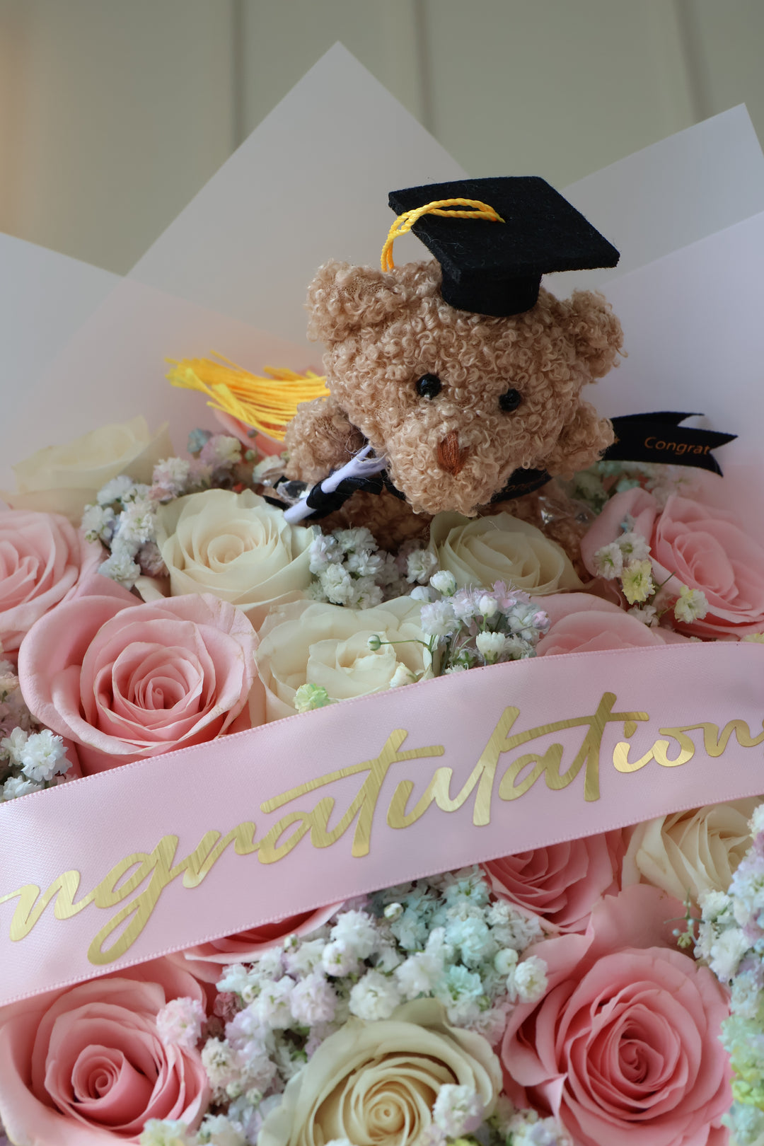 25 Mixed Pink & White Roses with Baby's Breath, Custom Banner & Teddy