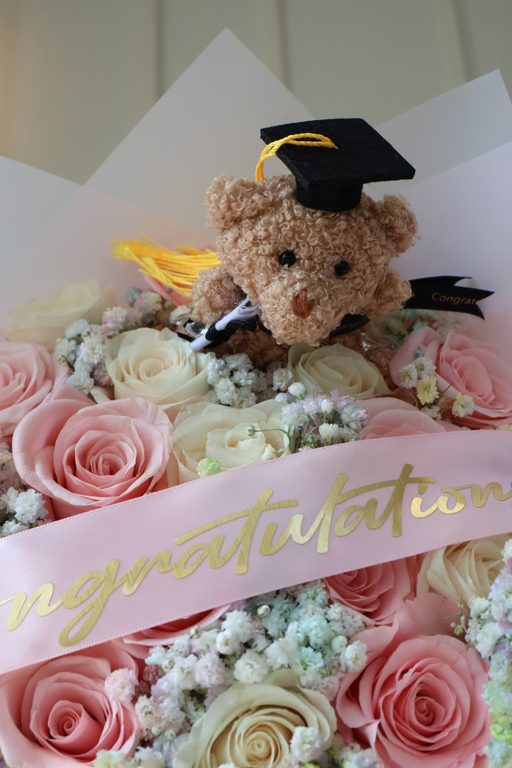 25 Mixed Pink & White Roses with Baby's Breath, Custom Banner & Teddy