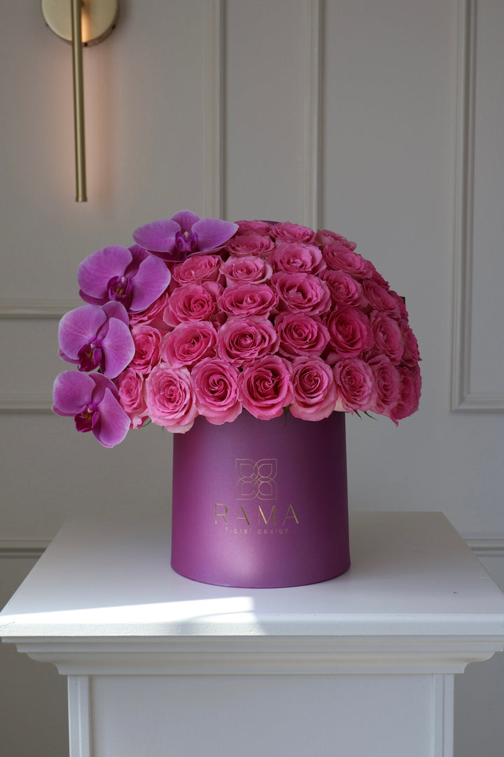 Pink Bloom Couture Box — 50 Roses & Orchids