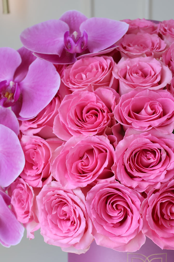 Pink Bloom Couture Box — 50 Roses & Orchids