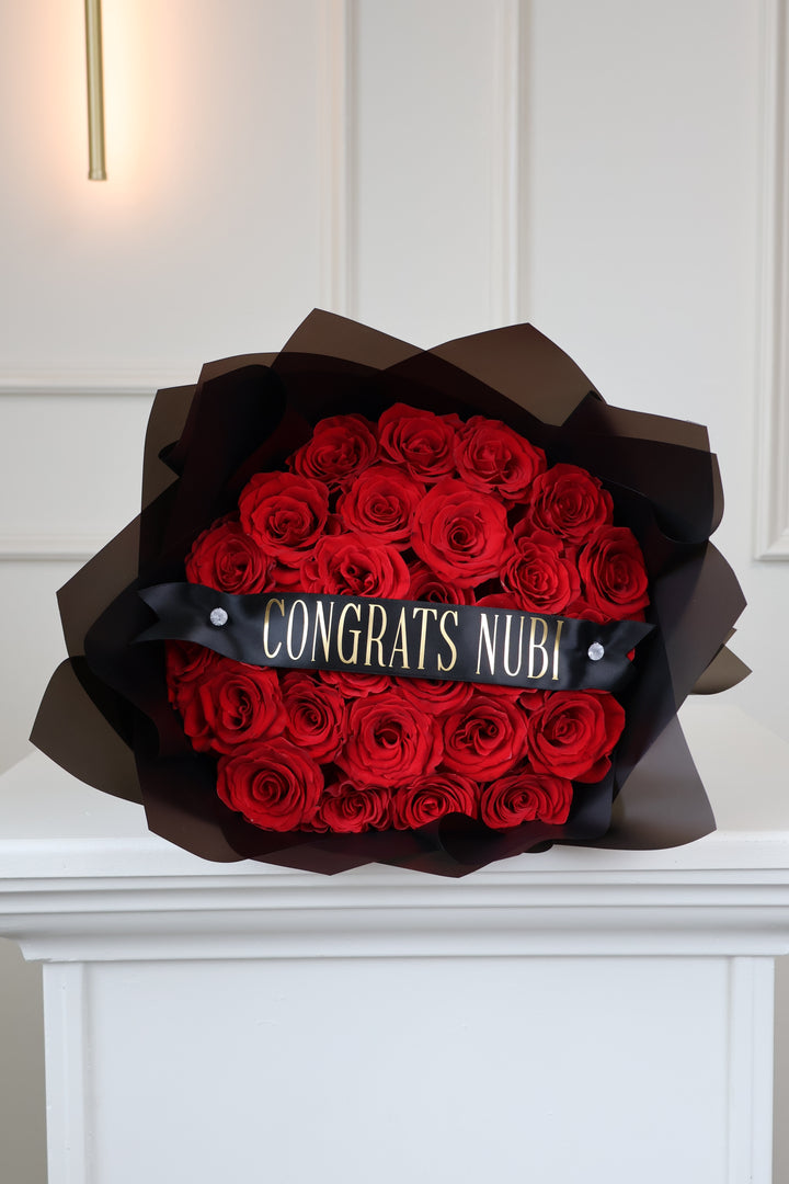 25 Red Roses Bouquet with Custom Banner