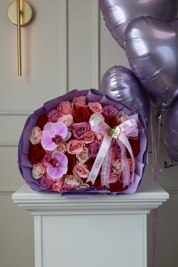 50 Pink & Lavender Roses Bouquet with Orchids – Girlfriend's Day Edition