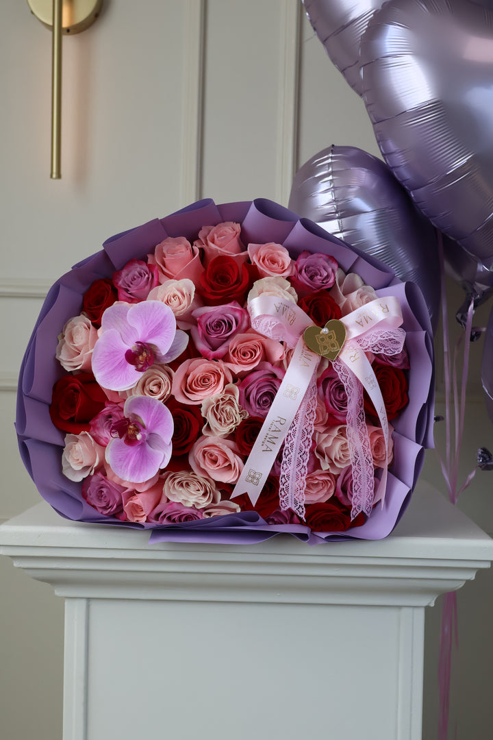 50 Pink & Lavender Roses Bouquet with Orchids – Girlfriend's Day Edition