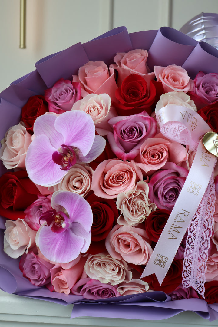 50 Pink & Lavender Roses Bouquet with Orchids – Girlfriend's Day Edition