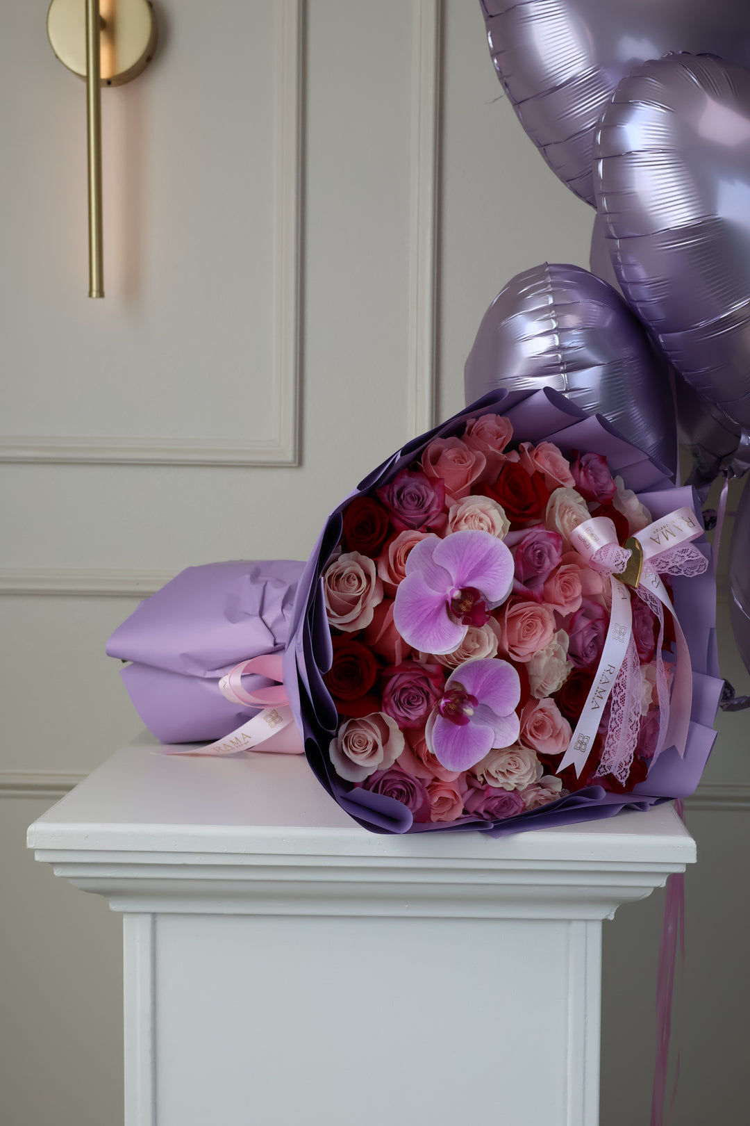 50 Pink & Lavender Roses Bouquet with Orchids – Girlfriend's Day Edition