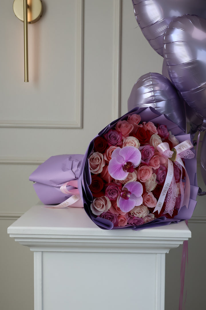 50 Pink & Lavender Roses Bouquet with Orchids – Girlfriend's Day Edition