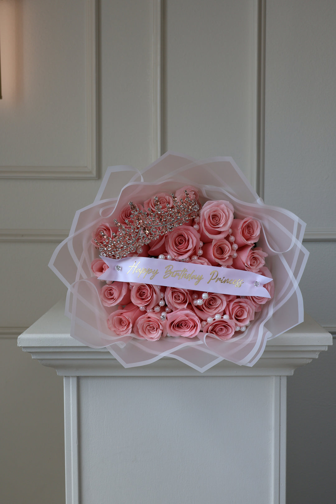 25 Pink Roses Bouquet with Crown, Pearls & Custom Banner