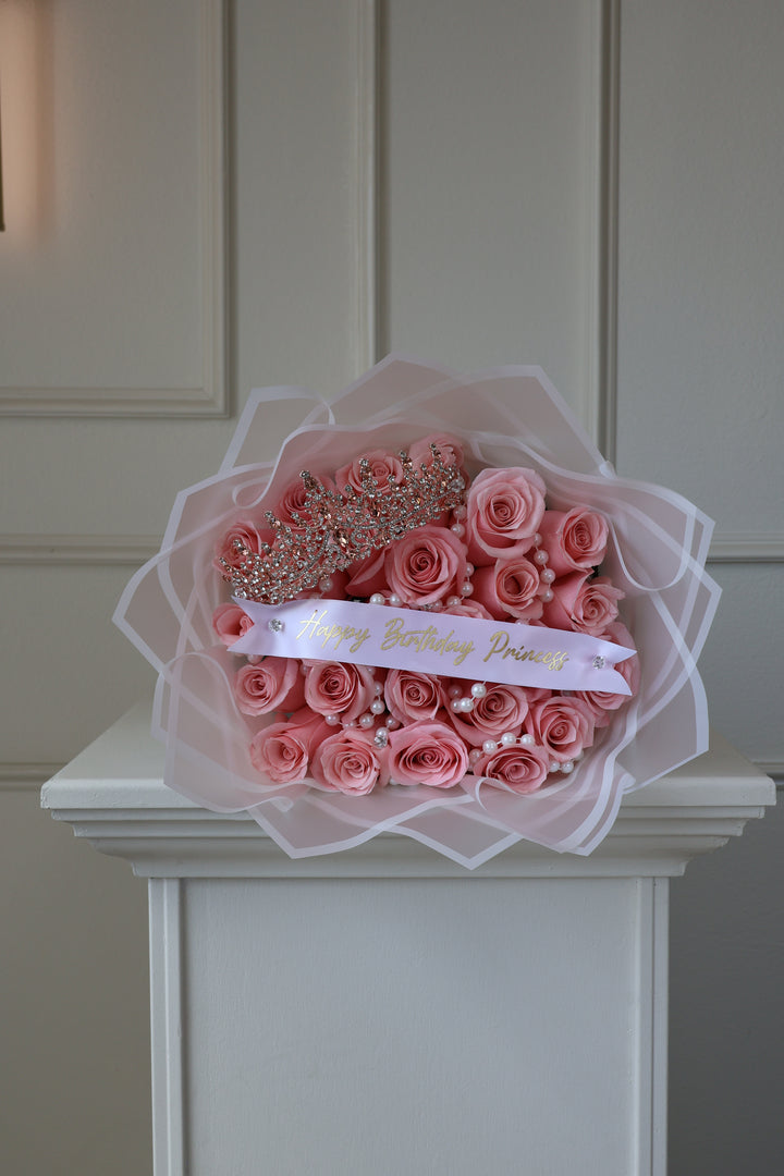 25 Pink Roses Bouquet with Crown, Pearls & Custom Banner