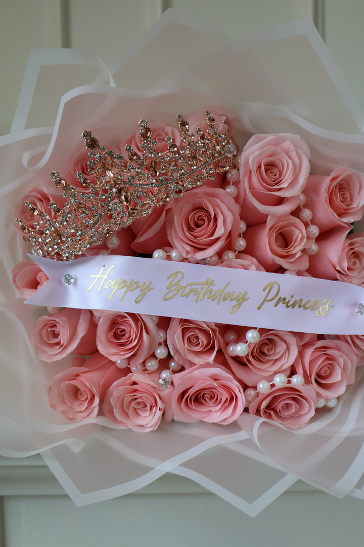 25 Pink Roses Bouquet with Crown, Pearls & Custom Banner
