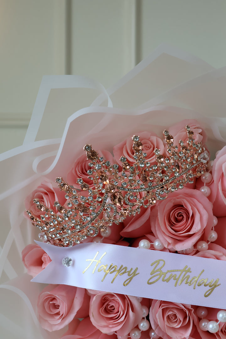 25 Pink Roses Bouquet with Crown, Pearls & Custom Banner