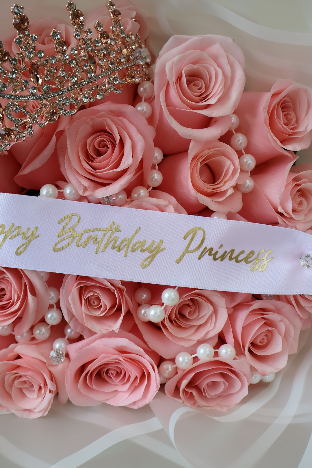 25 Pink Roses Bouquet with Crown, Pearls & Custom Banner