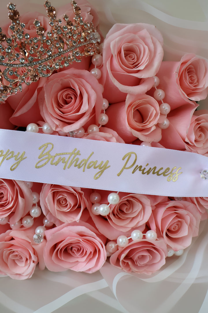 25 Pink Roses Bouquet with Crown, Pearls & Custom Banner