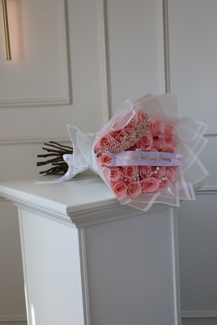25 Pink Roses Bouquet with Crown, Pearls & Custom Banner