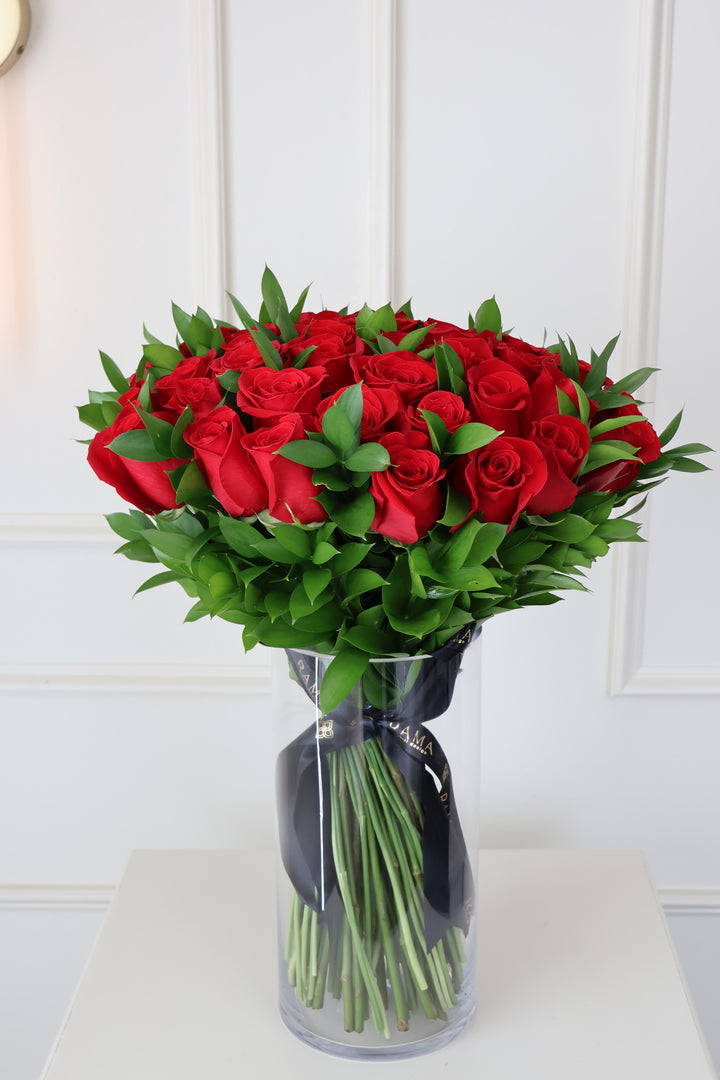 50 Red Roses Bouquet with Ruscus & Glass Vase Included