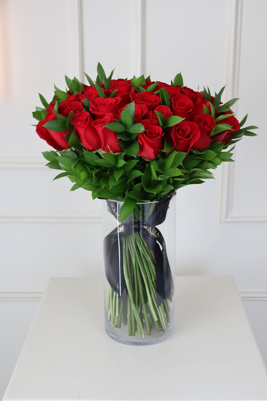50 Red Roses Bouquet with Ruscus & Glass Vase Included