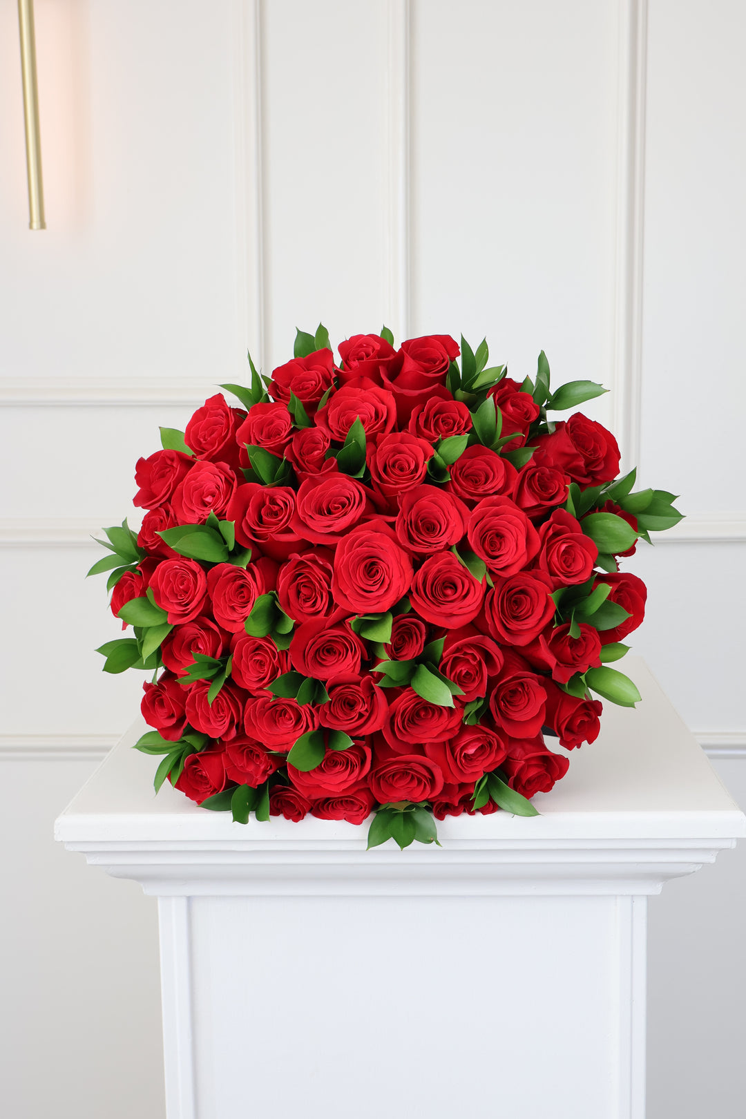 50 Red Roses Bouquet with Ruscus & Glass Vase Included
