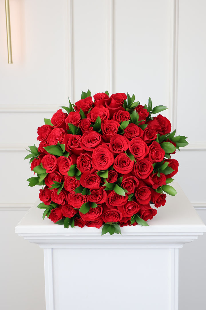 50 Red Roses Bouquet with Ruscus & Glass Vase Included