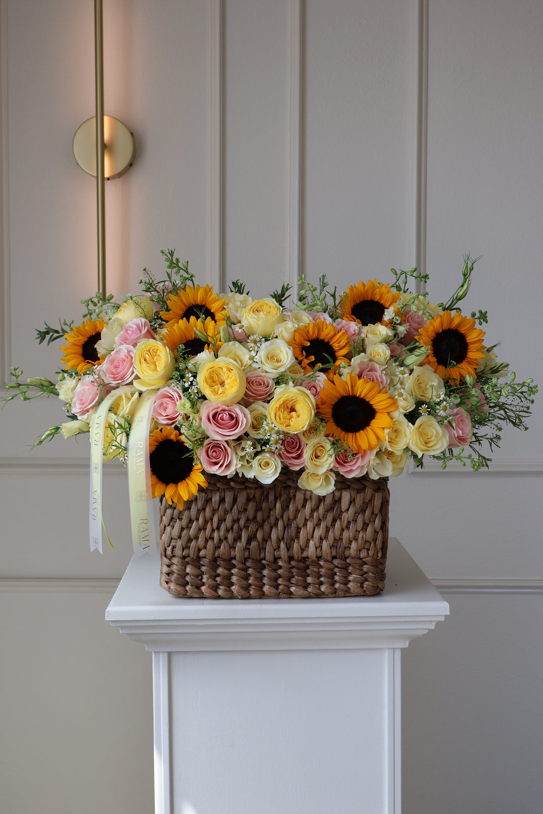 Sunflowers & Garden Roses Basket Arrangement