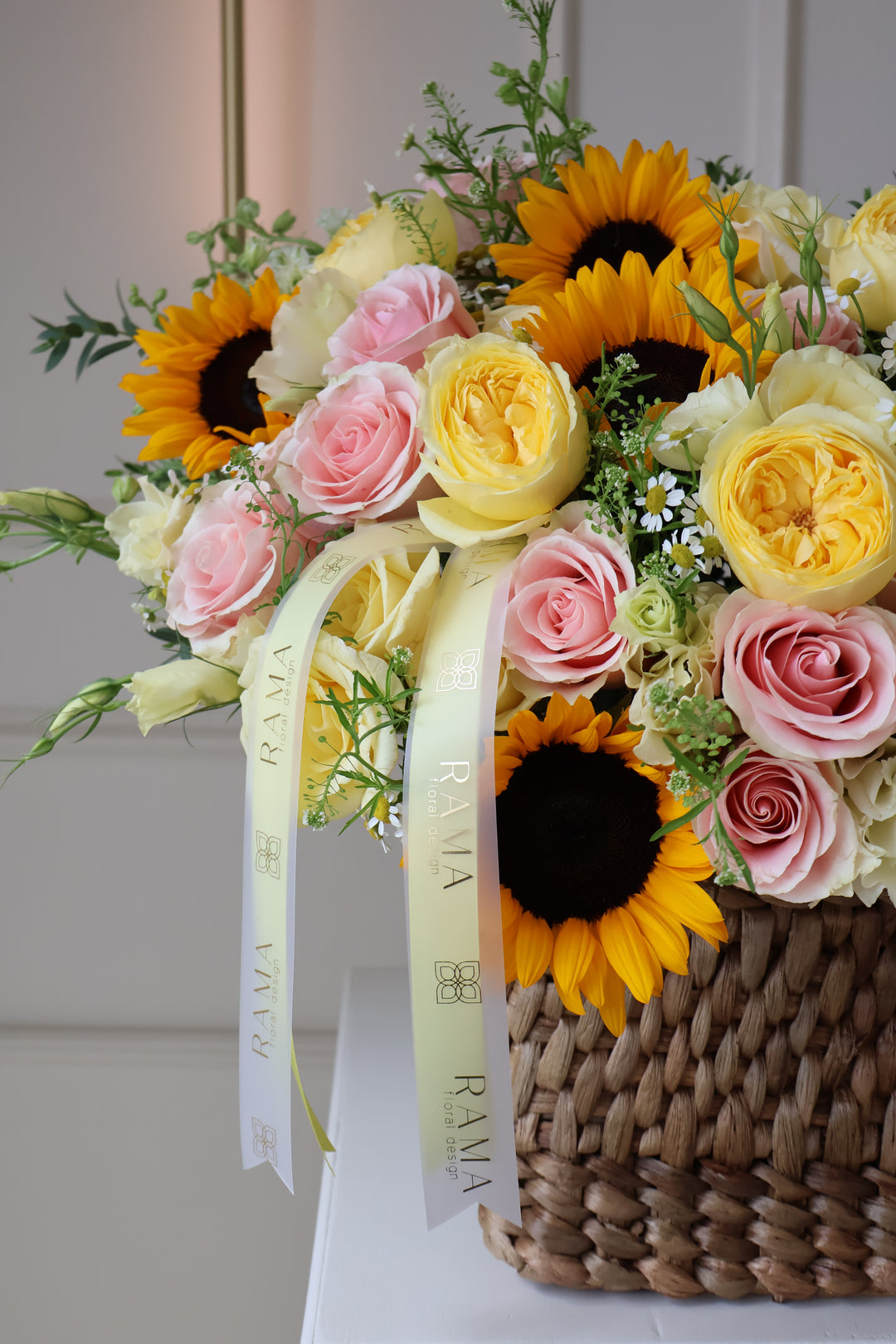 Sunflowers & Garden Roses Basket Arrangement