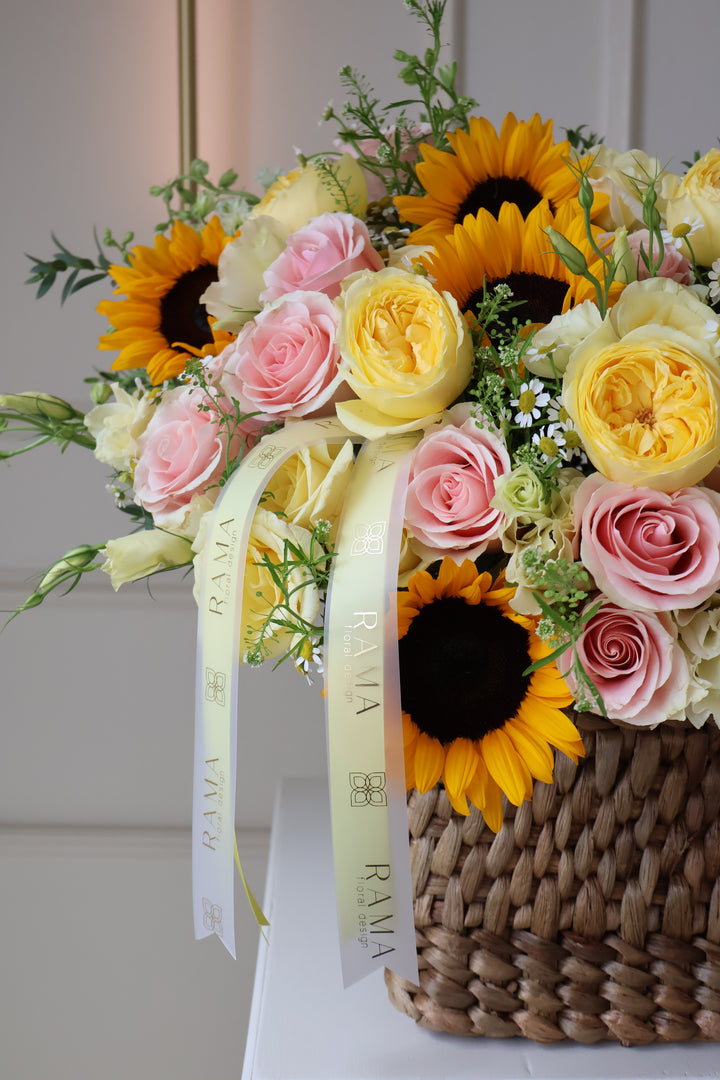 Sunflowers & Garden Roses Basket Arrangement