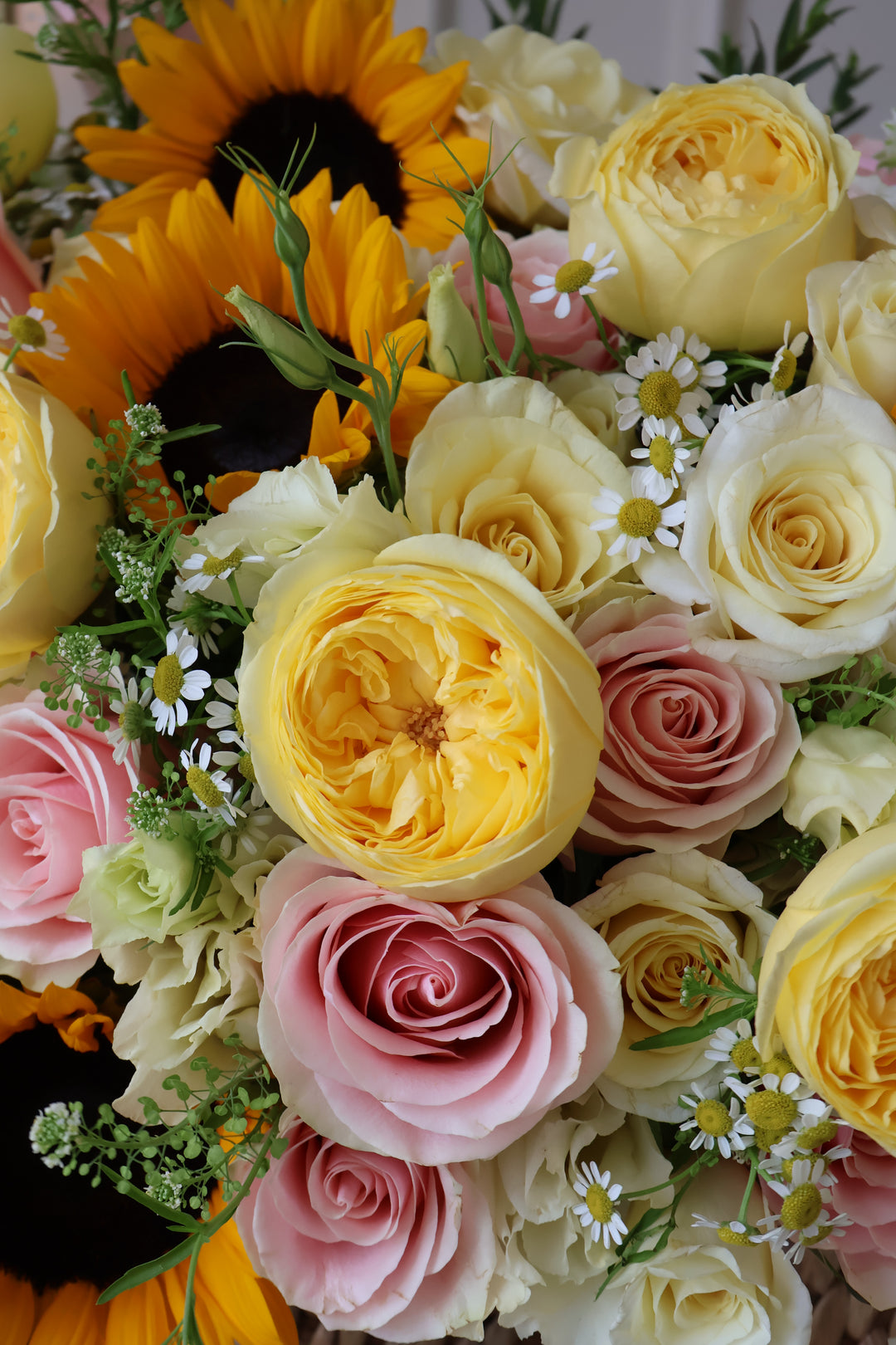 Sunflowers & Garden Roses Basket Arrangement