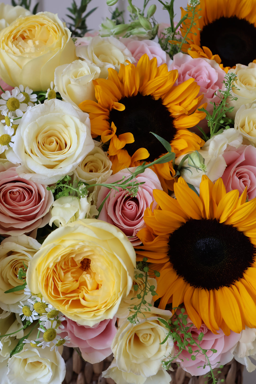 Sunflowers & Garden Roses Basket Arrangement