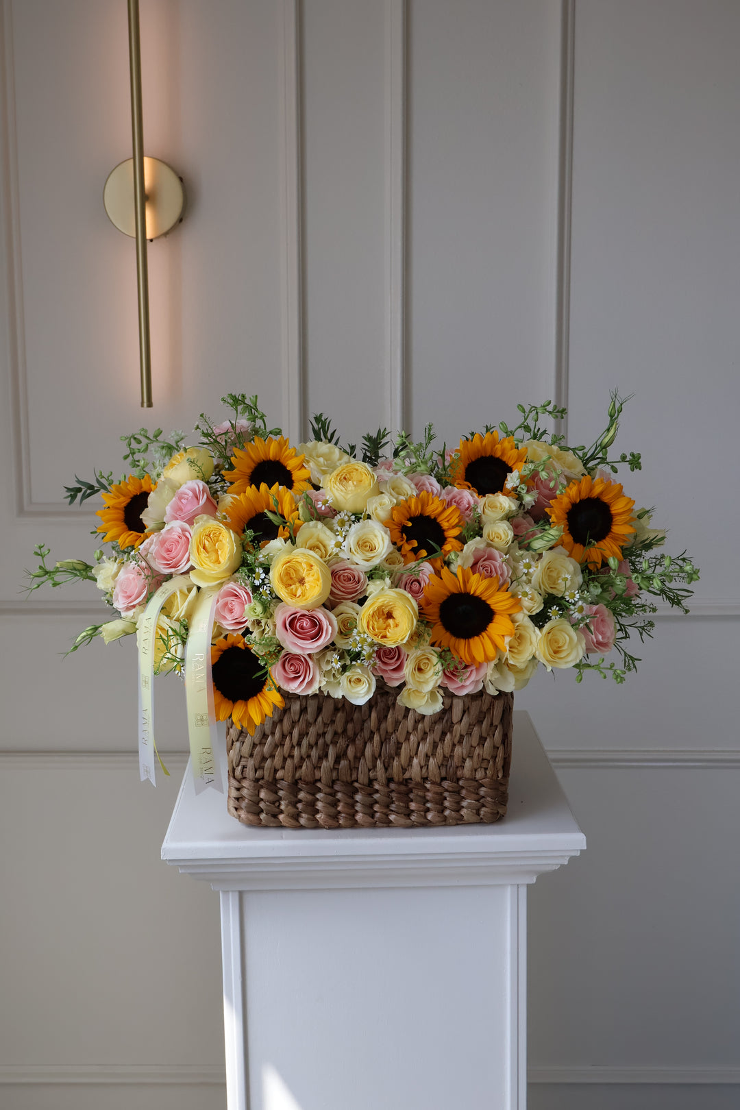 Sunflowers & Garden Roses Basket Arrangement